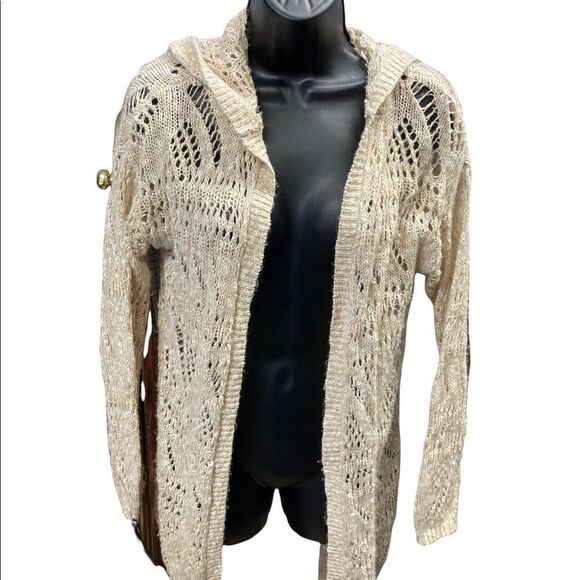 SO Women’s open weave Hooded Cardigan Metallic Flecking Sz Medium‎ Cream color - Picture 1 of 6